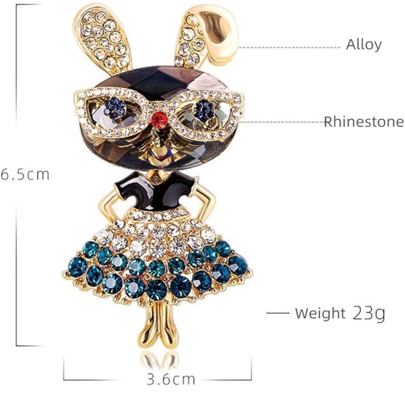 Whimsical Gold and Blue Lady Rabbit Brooch with Crystals - Picture 5 of 6